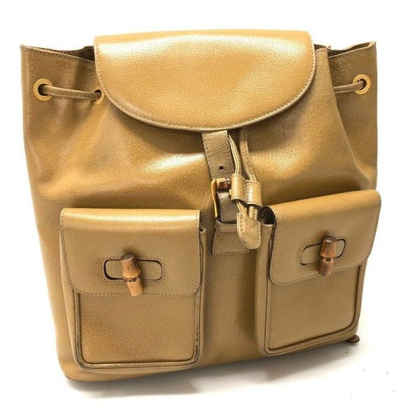 GUCCI Bamboo Leather Backpack Bag Beige - Picture 1 of 11
